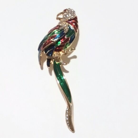 Vintage Gold Tone Red Green Enamel and Pave Rhinestone Tropical Bird Brooch - Picture 2 of 6